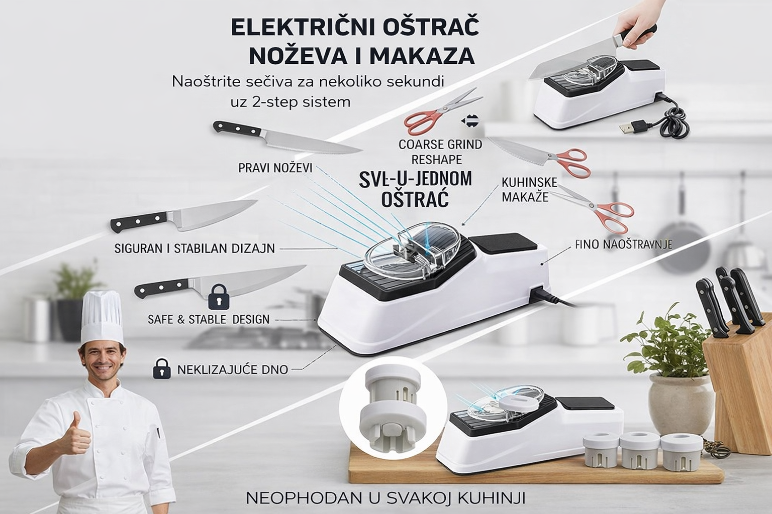 Električni oštrač noževa i makaza – Savršen Alat za Svaku Kuhinju