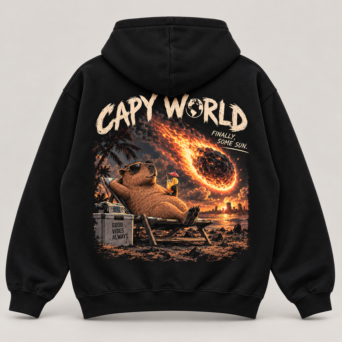 Capy World 2 — ceo crni duks sa kapuljačom, prikaz leđa sa kapibarom i meteorom